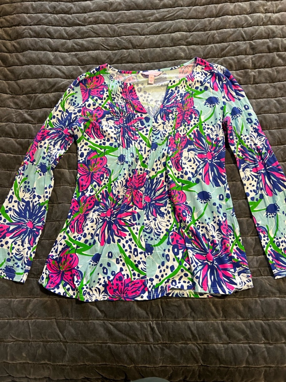 Lilly Pulitzer Braylen In the Garden Floral V-Neck Long Sleeve Top - Pink & Blue